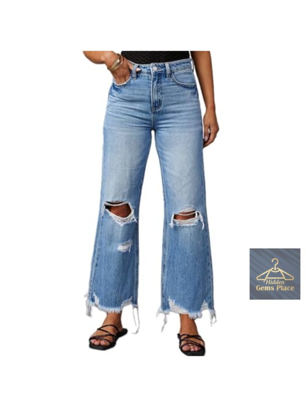 High-Rise Ripped Bell Bottom Jeans Distressed Raw Edge Hem Boyfriend Fit Wide